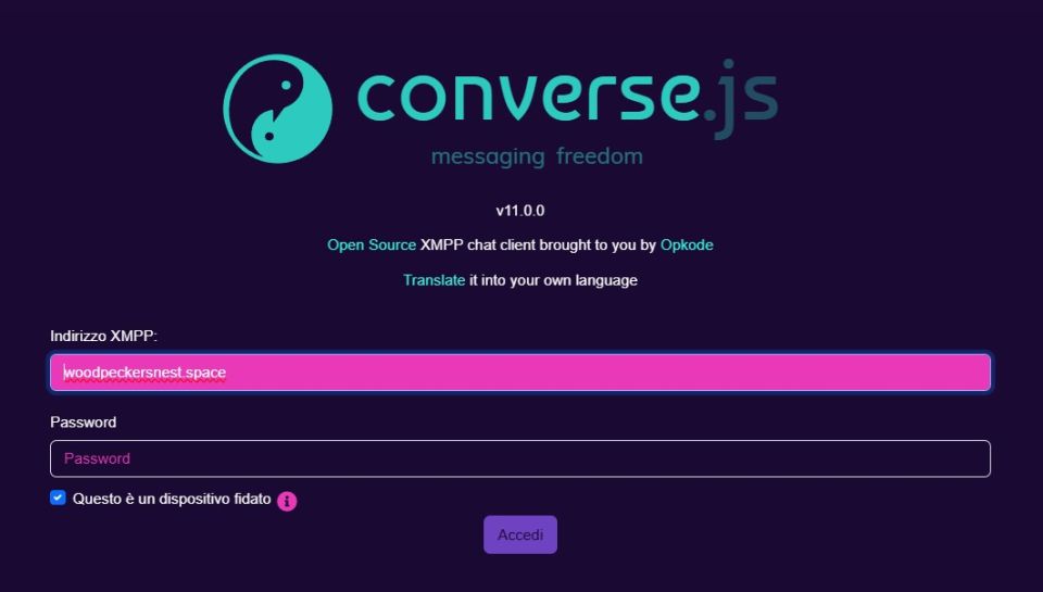 screenshot of the converse.js webchat login screen, featuring the new cyberpunk theme with different shades of violet and purple colors