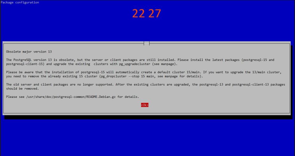 A package configuration text screen by Debian apt which is informing the user that postgresql packages are old and need to be upgraded.